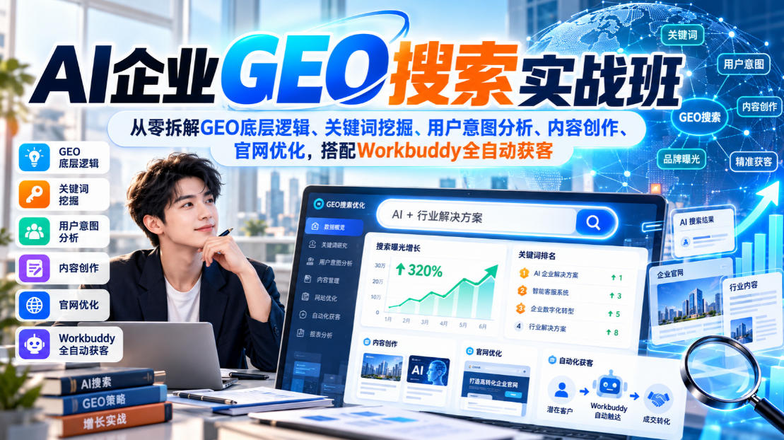 AI企业GEO搜索实战班，从零拆解GEO底层逻辑、关键词挖掘、用户意图分析、内容创作、官网优化，搭配Workbuddy全自动获客-米壳知道—知识分享平台