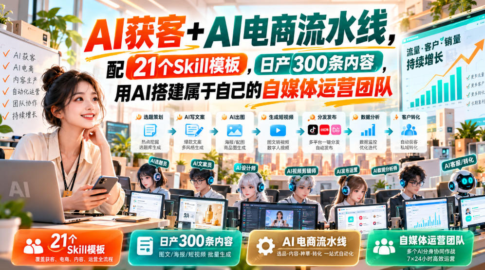 AI获客+AI电商流水线，配21个Skill模板，日产300条内容，用AI搭建属于自己的自媒体运营团队-米壳知道—知识分享平台