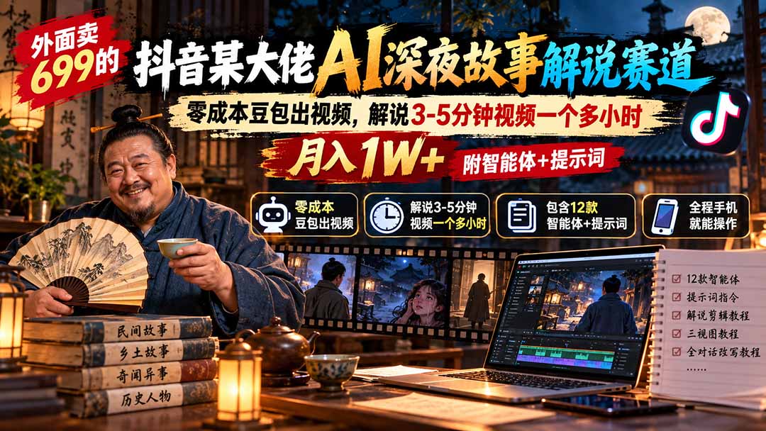 外面卖699的抖音某大佬AI深夜故事解说赛道：零成本豆包出视频，解说3-5分钟视频一个多小时，月入1W+附智能体+提示词-米壳知道—知识分享平台