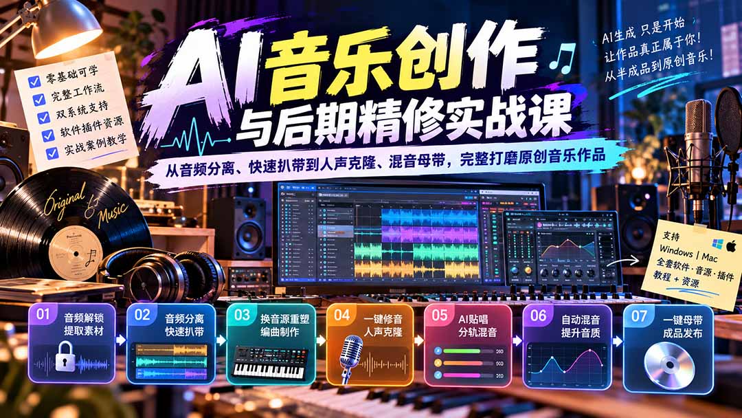 AI音乐创作与后期精修实战课：从音频分离、快速扒带到人声克隆、混音母带，完整打磨原创音乐作品-米壳知道—知识分享平台