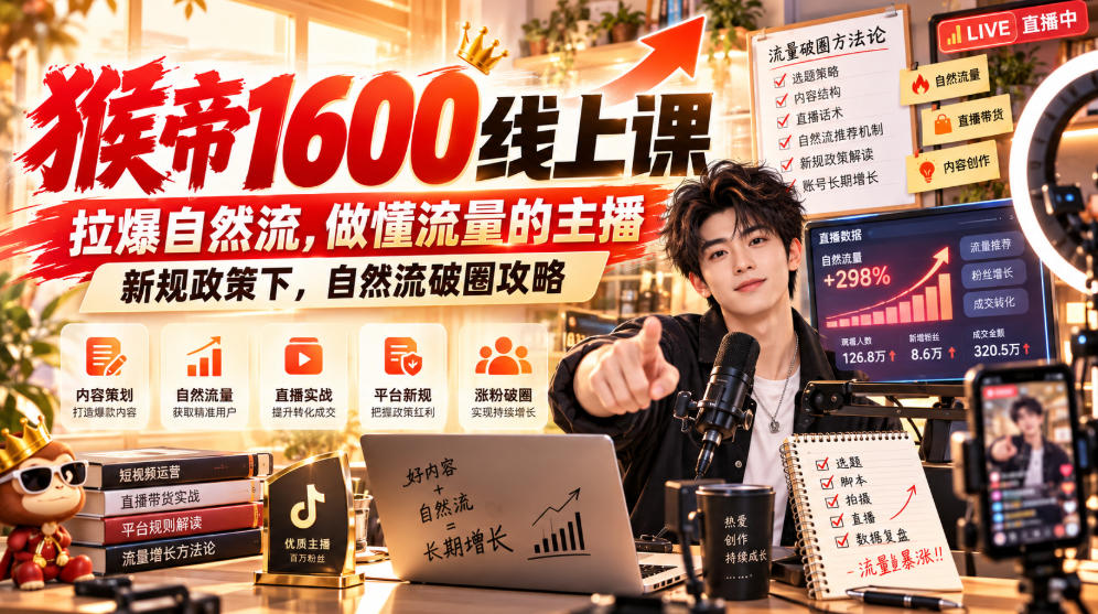 猴帝1600线上课，拉爆自然流，做懂流量的主播，新规政策下，自然流破圈攻略【更新260926】-米壳知道—知识分享平台