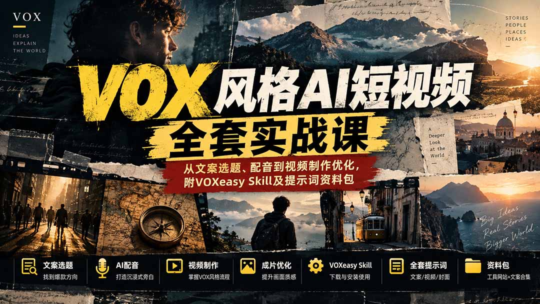 【无水印】VOX风格AI短视频全套实战课：从文案选题、配音到视频制作优化，附VOXeasy Skill及提示词资料包-米壳知道—知识分享平台