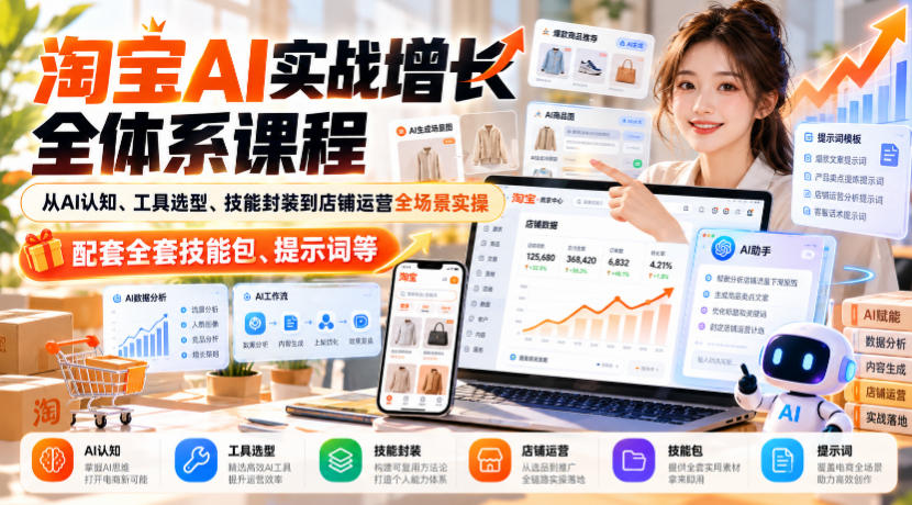 淘宝AI实战增长全体系课程,从AI认知、工具选型、技能封装到店铺运营全场景实操,配套全套技能包、提示词等-米壳知道—知识分享平台