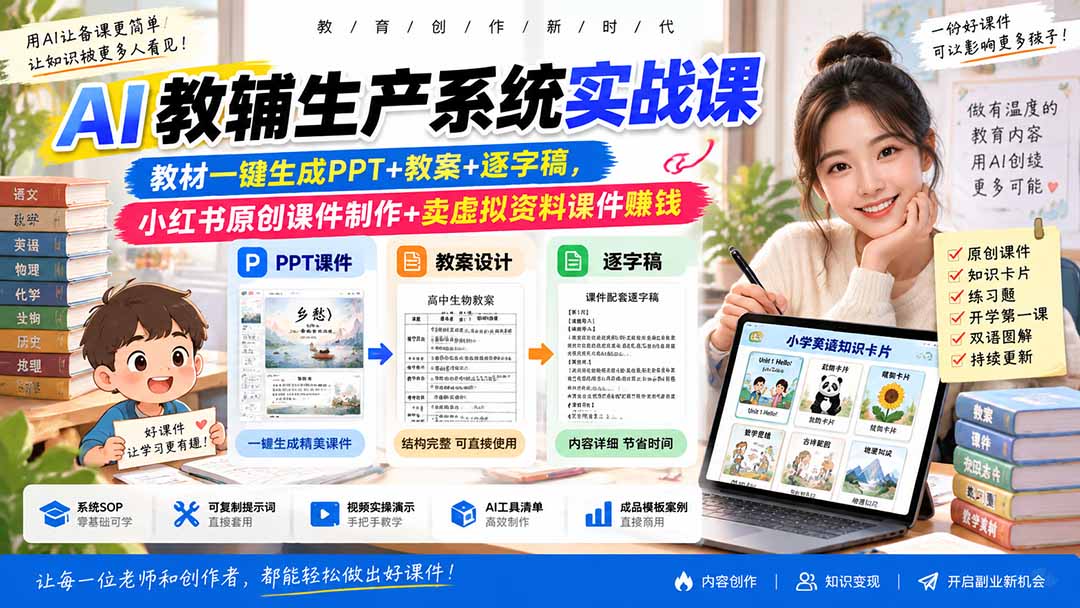AI教辅生产系统实战课-更新0926|教材一键生成PPT+教案+逐字稿,小红书原创课件制作+卖虚拟资料课件赚钱-米壳知道—知识分享平台