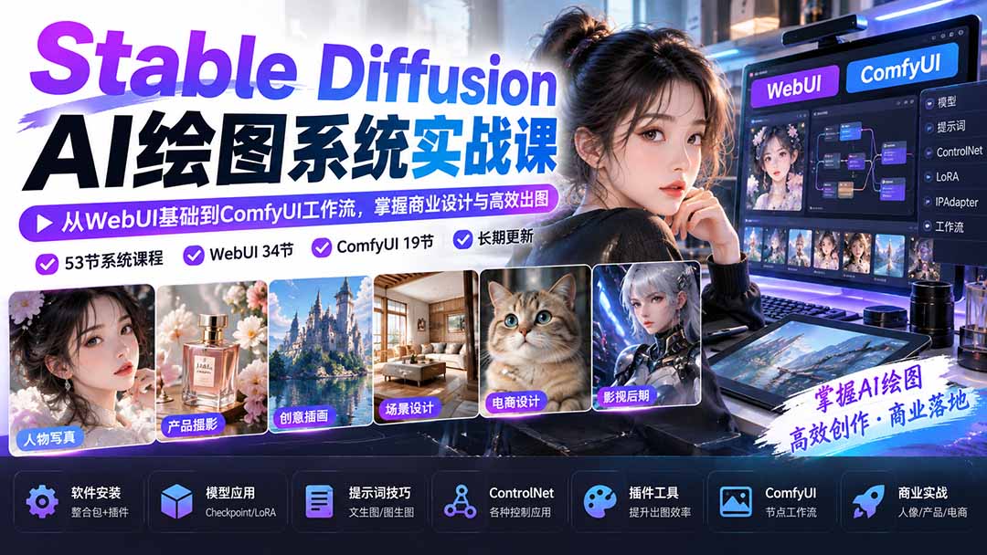 【无水印】Stable Diffusion AI绘图系统实战课：从WebUI基础到ComfyUI工作流，掌握商业设计与高效出图-米壳知道—知识分享平台