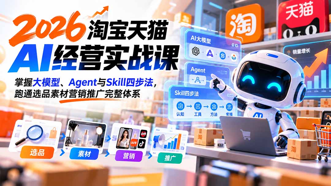 【无水印】2026淘宝天猫AI经营实战课：掌握大模型、Agent与Skill四步法，跑通选品素材营销推广完整体系-米壳知道—知识分享平台