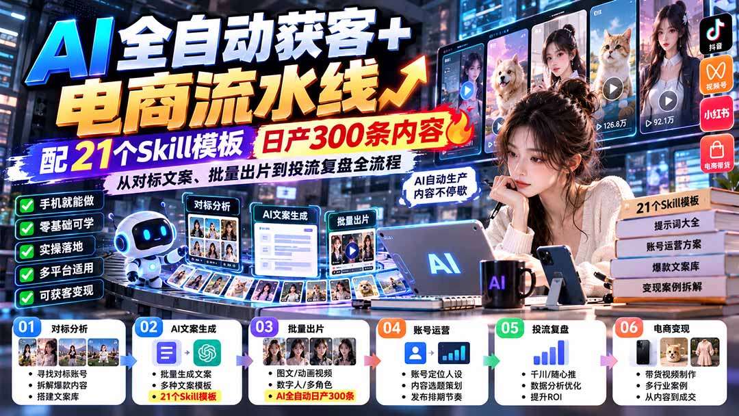 【无水印】AI全自动获客+电商流水线:配21个Skill模板,日产300条内容,从对标文案、批量出片到投流复盘全流程-米壳知道—知识分享平台