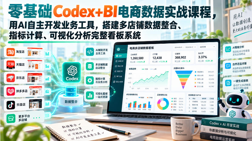 零基础Codex+BI电商数据实战课程，用AI自主开发业务工具，搭建多店铺数据整合、指标计算、可视化分析完整看板系统-米壳知道—知识分享平台