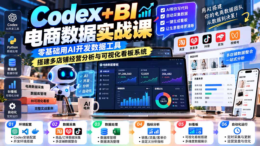 Codex+BI电商数据实战课:零基础用AI开发数据工具,搭建多店铺经营分析与可视化看板系统-米壳知道—知识分享平台