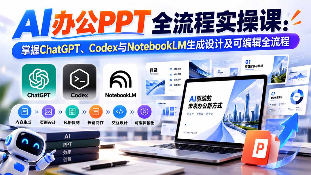 【无水印】AI办公PPT全流程实操课： 掌握ChatGPT、Codex与NotebookLM生成设计及可编辑全流程-米壳知道—知识分享平台