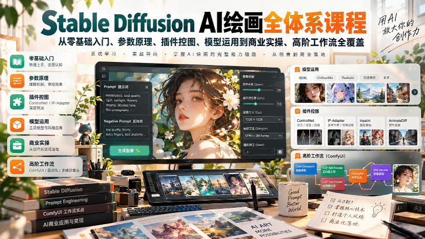 【无水印】Stable Diffusion AI绘画全体系课程，从零基础入门、参数原理、插件控图、模型运用到商业实操、高阶工作流全覆盖-米壳知道—知识分享平台