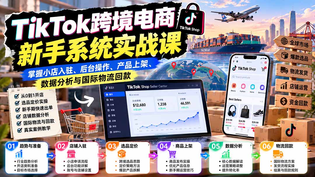 TikTok跨境电商新手系统实战课：掌握小店入驻、后台操作、产品上架、数据分析与国际物流回款-米壳知道—知识分享平台