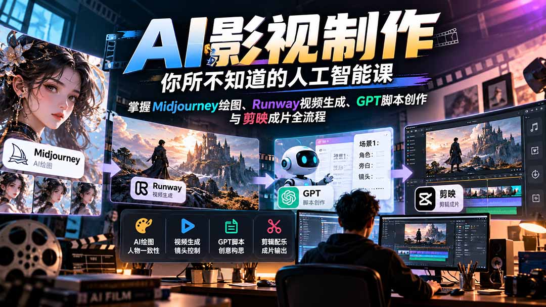 【无水印】AI影视制作-你所不知道的人工智能课，掌握Midjourney绘图、Runway视频生成、GPT脚本创作与剪映成片全流程-米壳知道—知识分享平台