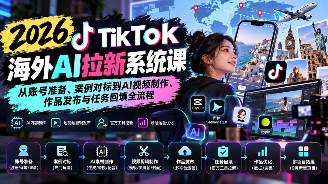 【无水印】2026 TikTok海外AI拉新系统课：从账号准备、案例对标到AI视频制作、作品发布与任务回填全流程-米壳知道—知识分享平台