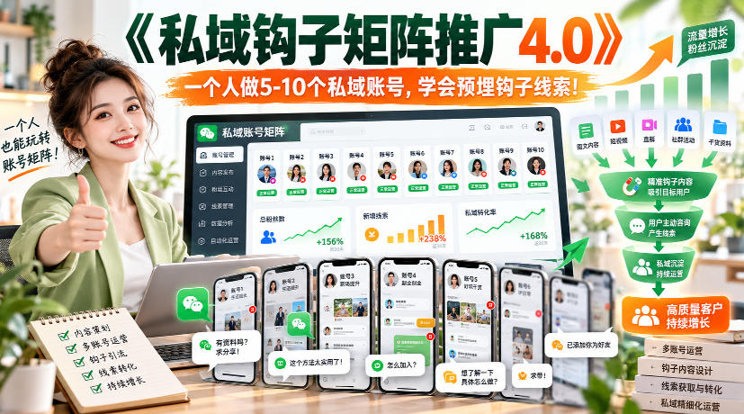 【无水印】《私域钩子矩阵推广4.0》一个人做5-10个私域账号，学会预埋钩子线索！-米壳知道—知识分享平台
