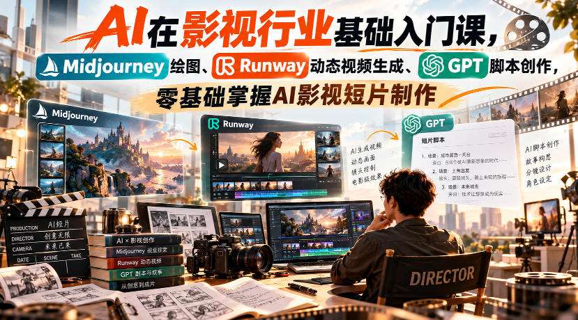 【无水印】AI在影视行业基础入门课，Midjourney绘图、Runway动态视频生成、GPT脚本创作，零基础掌握AI影视短片制作-米壳知道—知识分享平台