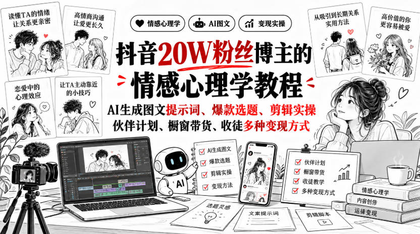 抖音20W粉丝博主静候心声的情感心理学教程，AI生成图文提示词、爆款选题、剪辑实操，伙伴计划、橱窗带货、收徒多种变现方式-米壳知道—知识分享平台