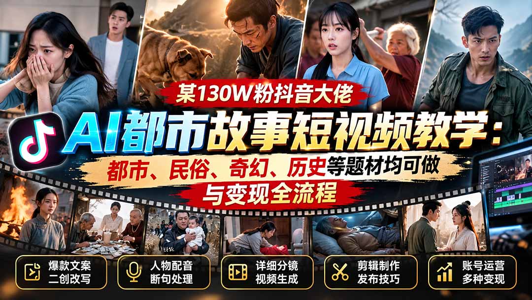 某130W粉抖音大佬AI都市故事短视频教学：都市、民俗、奇幻、历史等题材均可做与变现全流程-米壳知道—知识分享平台