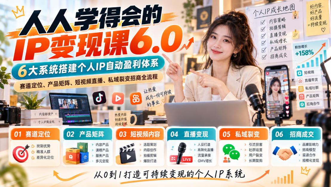 人人学得会的IP变现课6.0,6大系统搭建个人IP自动盈利体系,赛道定位、产品矩阵、短视频直播、私域裂变招商全流程-米壳知道—知识分享平台