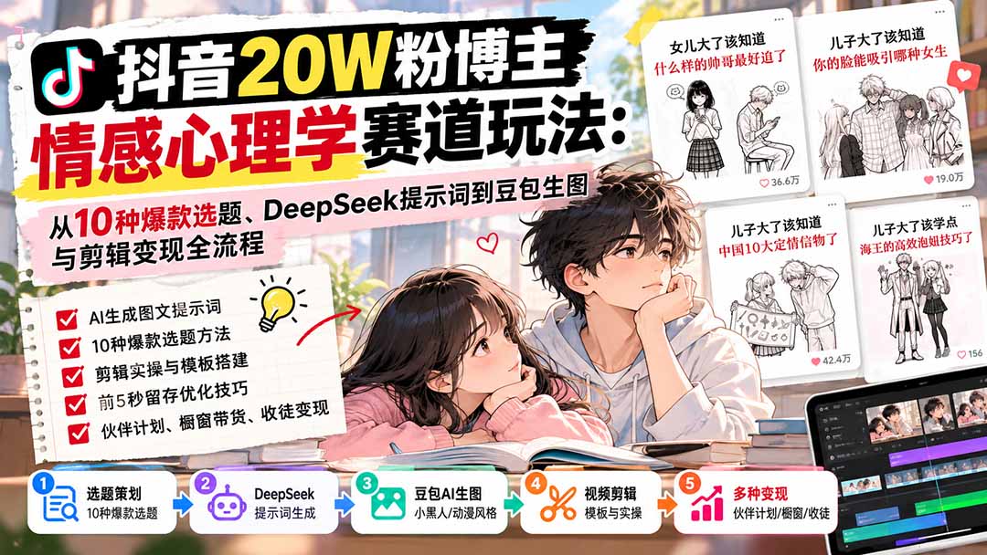 抖音20W粉博主-情感心理学赛道玩法：从10种爆款选题、DeepSeek提示词到豆包生图与剪辑变现全流程-米壳知道—知识分享平台