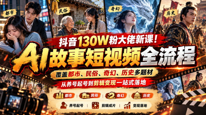 抖音130W粉大佬新课！AI故事短视频全流程，覆盖都市、民俗、奇幻、历史多题材，从养号起号到剪辑变现一站式落地-米壳知道—知识分享平台