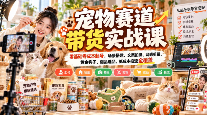 宠物赛道带货实战课,零基础零成本起号,场景搭建、文案拍摄、网感剪辑、黄金钩子、爆品选品、低成本投流全覆盖-米壳知道—知识分享平台