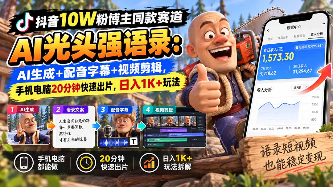 【无水印】抖音10W粉博主同款赛道AI光头强语录：AI生成+配音字幕+视频剪辑，手机电脑20分钟快速出片，日入1K+玩法-米壳知道—知识分享平台