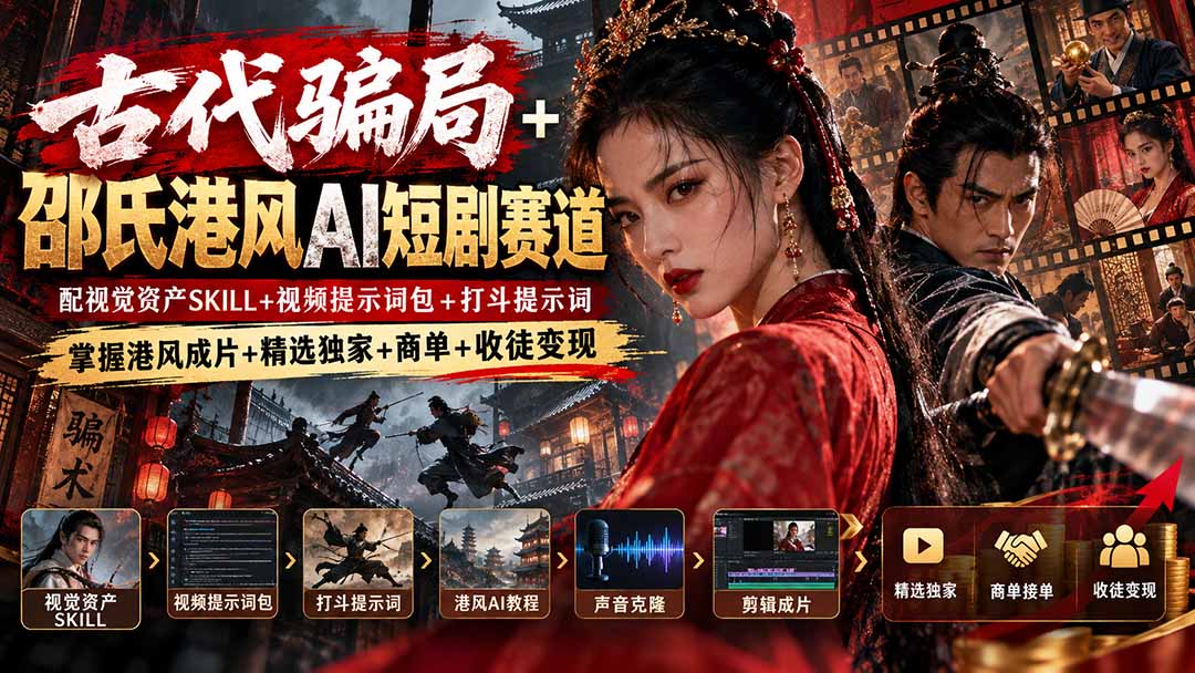 古代骗局+邵氏港风AI短剧赛道：配视觉资产SKILL+视频提示词包+打斗提示词，掌握港风成片+精选独家+商单+收徒变现-米壳知道—知识分享平台