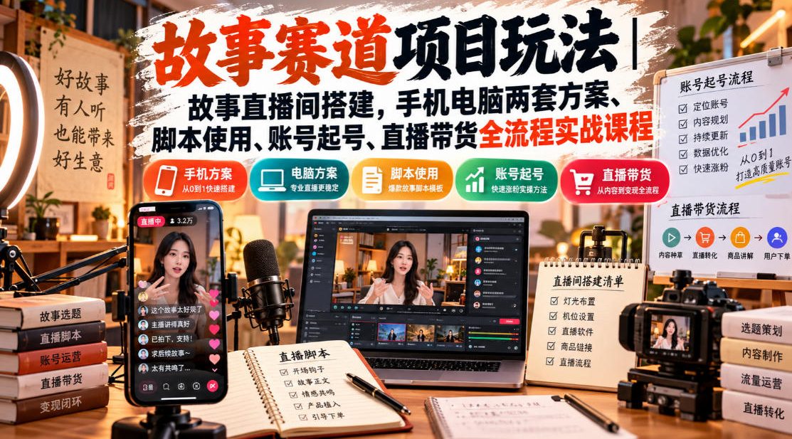 故事赛道项目玩法|故事直播间搭建,手机电脑两套方案、脚本使用、账号起号、直播带货全流程实战课程-米壳知道—知识分享平台
