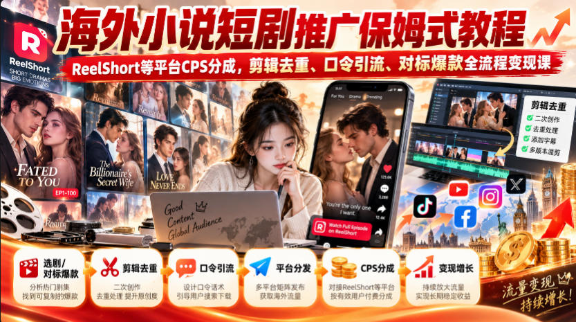 海外小说短剧推广保姆式教程|ReelShort等平台CPS分成,剪辑去重、口令引流、对标爆款全流程变现课-米壳知道—知识分享平台