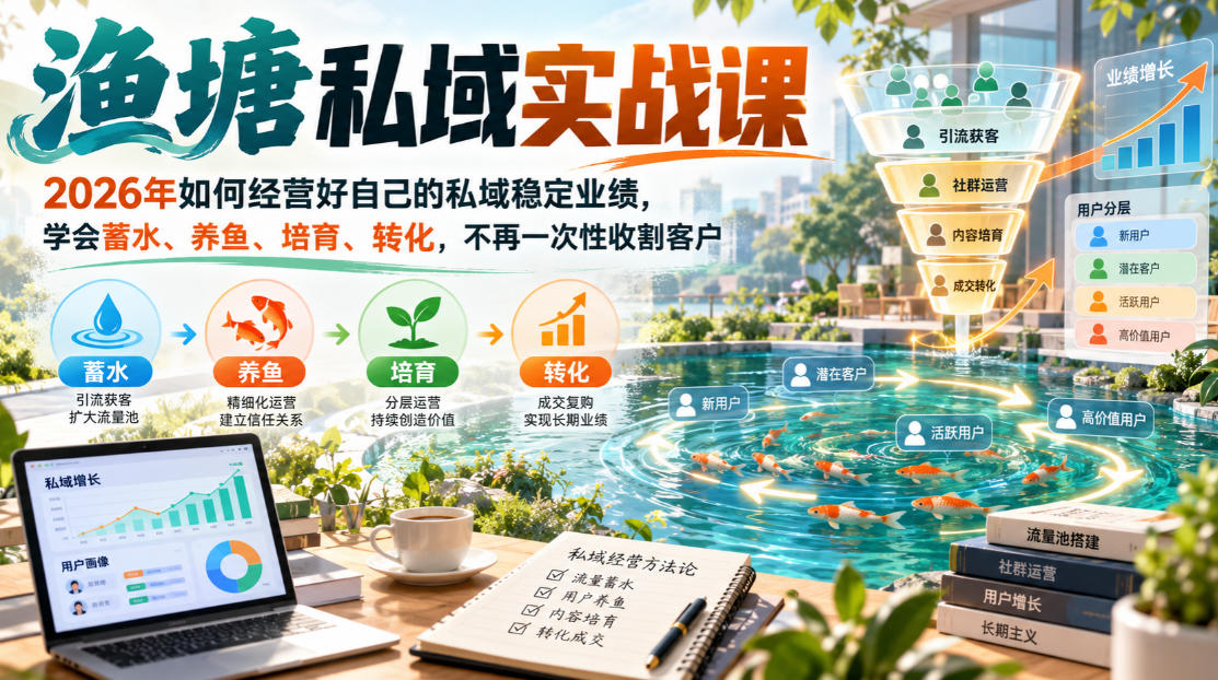 渔塘私域实战课，2026年如何经营好自己的私域稳定业绩，学会蓄水、养鱼、培育、转化，不再一次性收割客户-米壳知道—知识分享平台