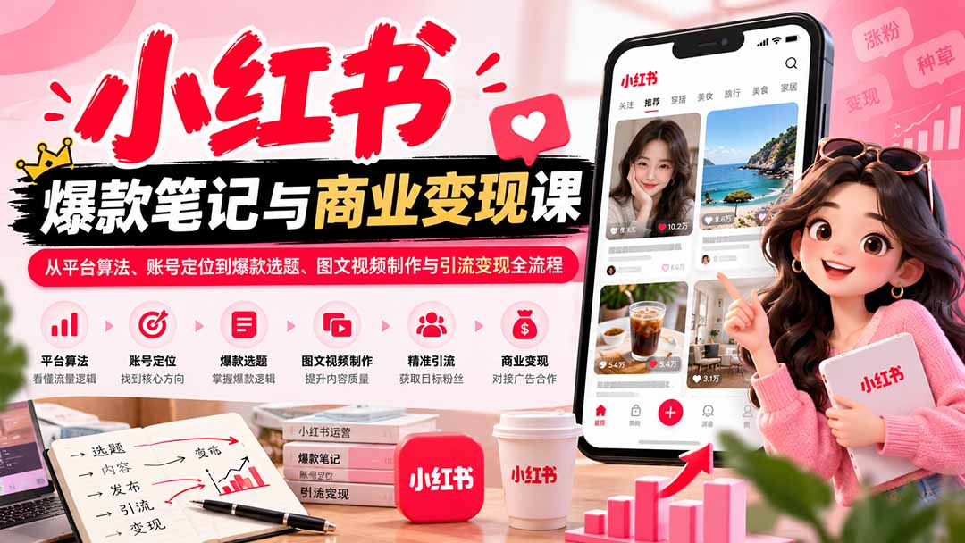 2026小红书爆款笔记与商业变现课：从平台算法、账号定位到爆款选题、图文视频制作与引流变现全流程-米壳知道—知识分享平台