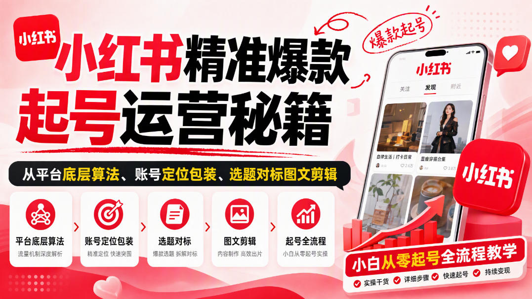 小红书精准爆款起号运营秘籍，从平台底层算法、账号定位包装、选题对标图文剪辑，小白从零起号全流程-米壳知道—知识分享平台
