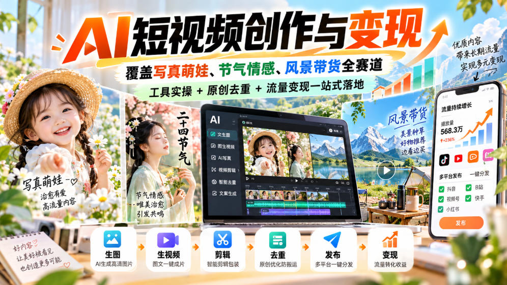 AI短视频创作与变现，覆盖写真萌娃、节气情感、风景带货全赛道，工具实操+原创去重+流量变现一站式落地-米壳知道—知识分享平台