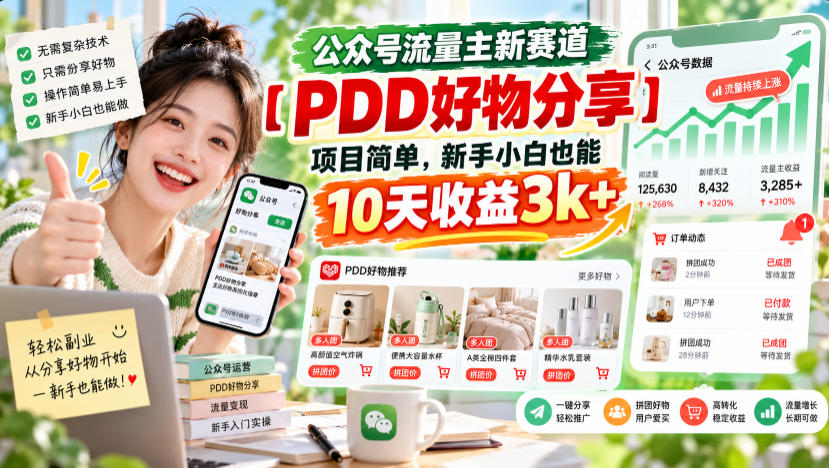 公众号流量主新赛道【PDD好物分享】，项目简单，新手小白也能10天收益3k+-米壳知道—知识分享平台