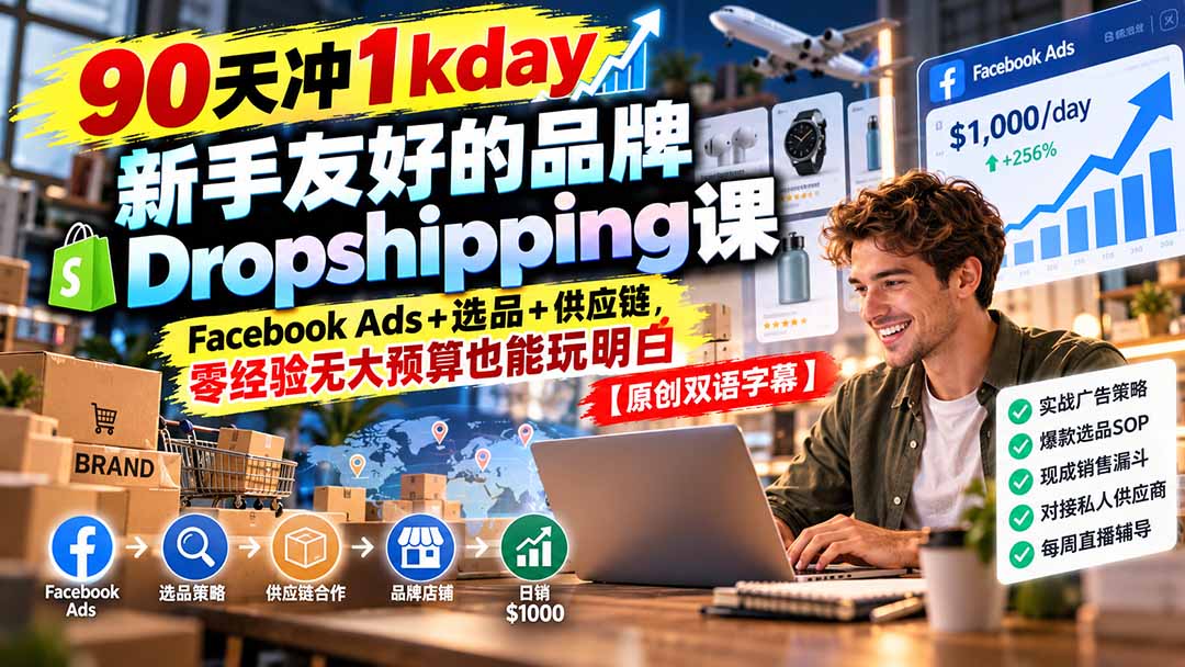 90天冲1kday 新手友好的品牌Dropshipping课：Facebook Ads+选品+供应链，零经验无大预算也能玩明白【原创双语字幕】-米壳知道—知识分享平台