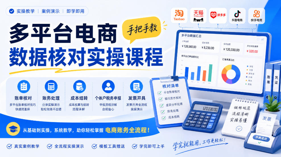 多平台电商数据核对实操课程，手把手教账单核对、账务处理、成本结转、个体户税务申报与发票开具-米壳知道—知识分享平台
