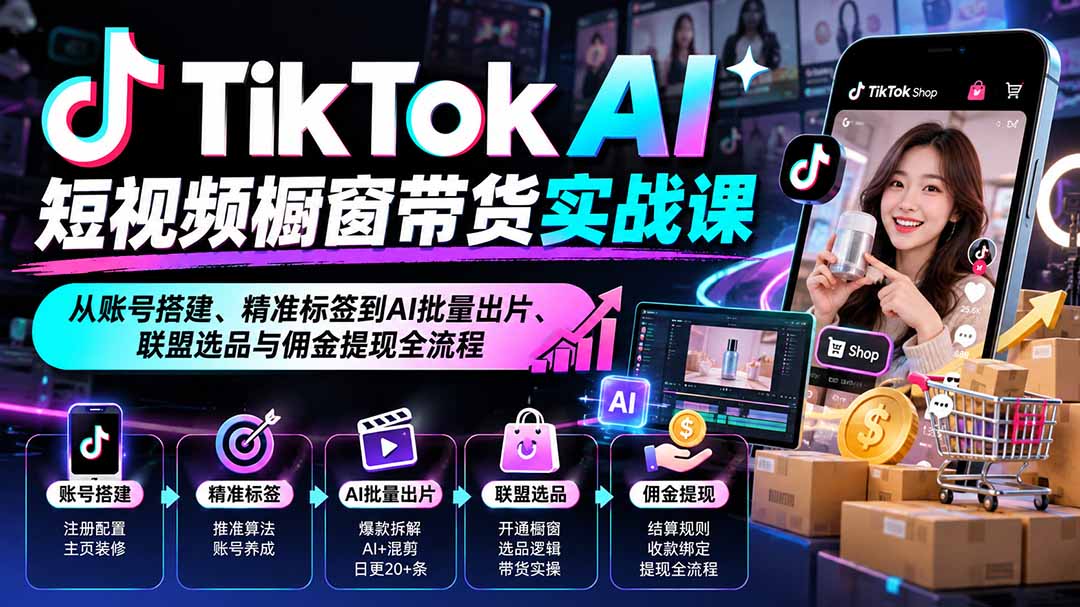 TikTok AI短视频橱窗带货实战课：从账号搭建、精准标签到AI批量出片、联盟选品与佣金提现全流程-米壳知道—知识分享平台