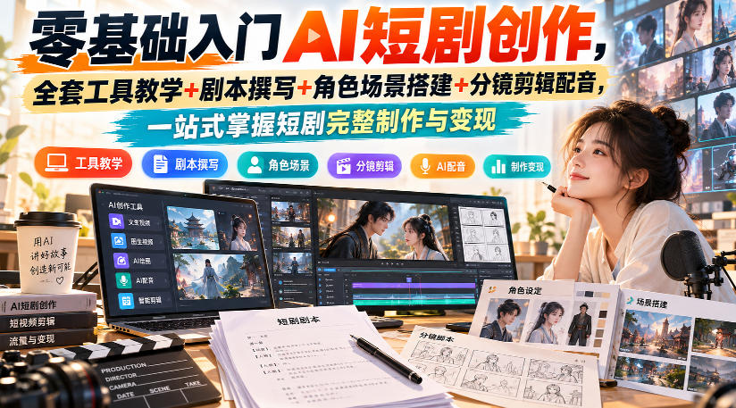 零基础入门AI短剧创作，全套工具教学+剧本撰写+角色场景搭建+分镜剪辑配音，一站式掌握短剧完整制作与变现-米壳知道—知识分享平台