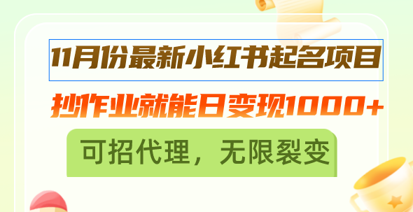 11月份最新小红书起名项目，抄作业就能日变现1000+，可招代理，无限裂变-米壳知道—知识分享平台